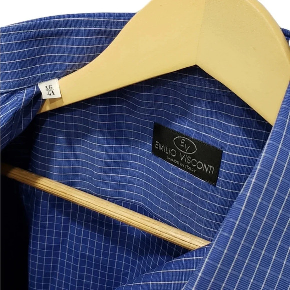 Emilio Visconti Blue Check Dress Shirt 16 - Picture 2 of 3
